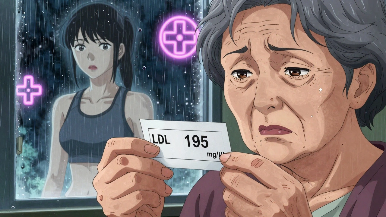 Elderly woman holds blood test showing high LDL, ghost of younger self behind her, rain on window.