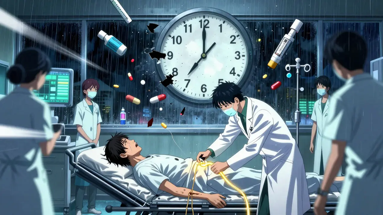 Emergency room scene with a patient receiving IV treatment as a countdown clock and floating drug symbols indicate a life-threatening hypertensive crisis.