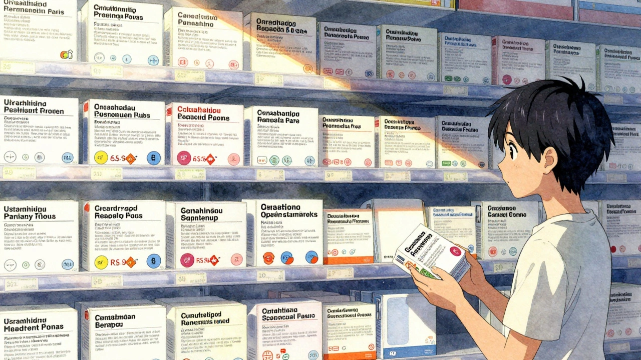 Global pharmacy shelf with multilingual drug leaflets and contrasting patient experiences in manga art style.