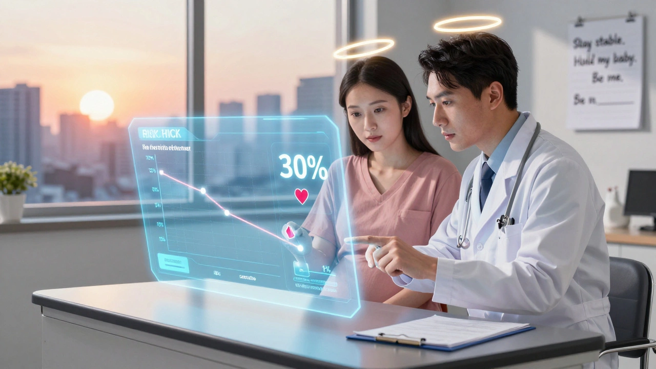 Holographic risk dashboard shows personalized medication outcomes during prenatal consultation.