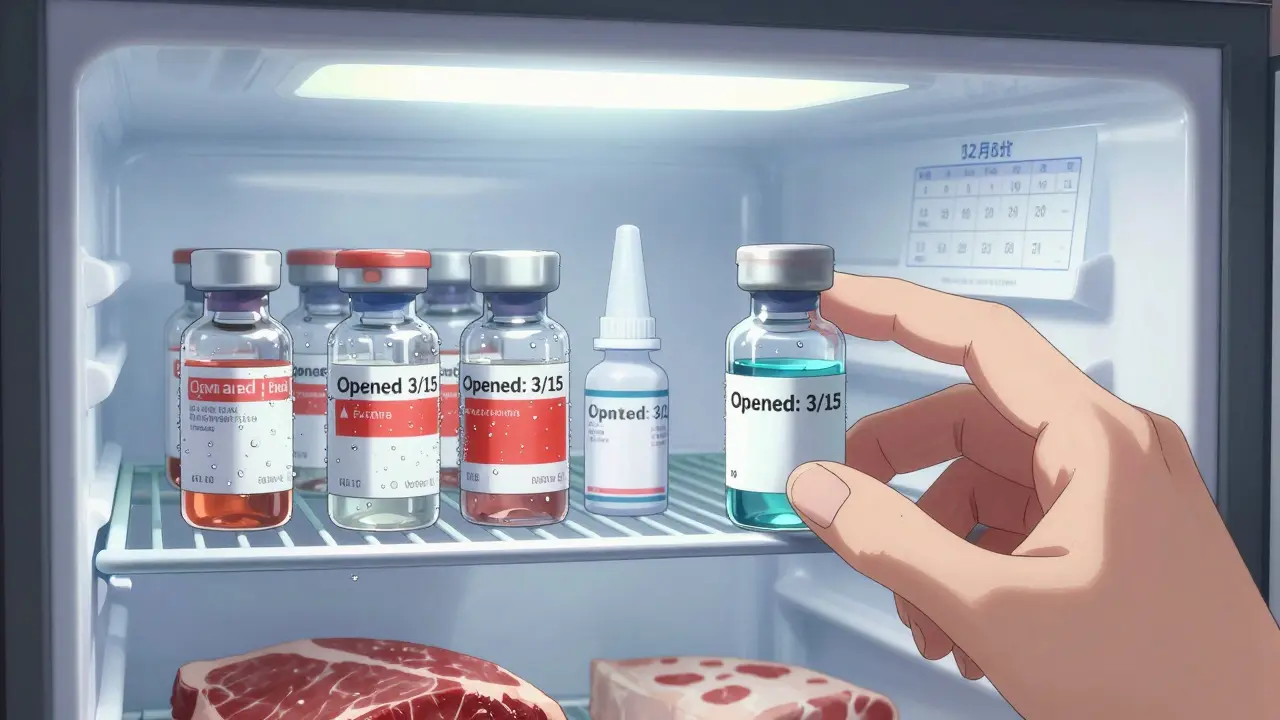 Insulin vials and eye drops stored safely in a refrigerator away from food, with opened-date labels visible.