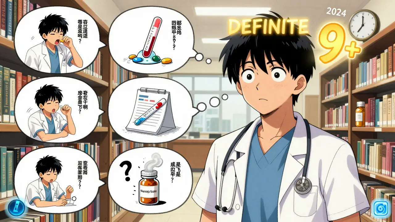 Medical student surrounded by animated Naranjo Scale questions, with a 'DEFINITE' score glowing above their head.