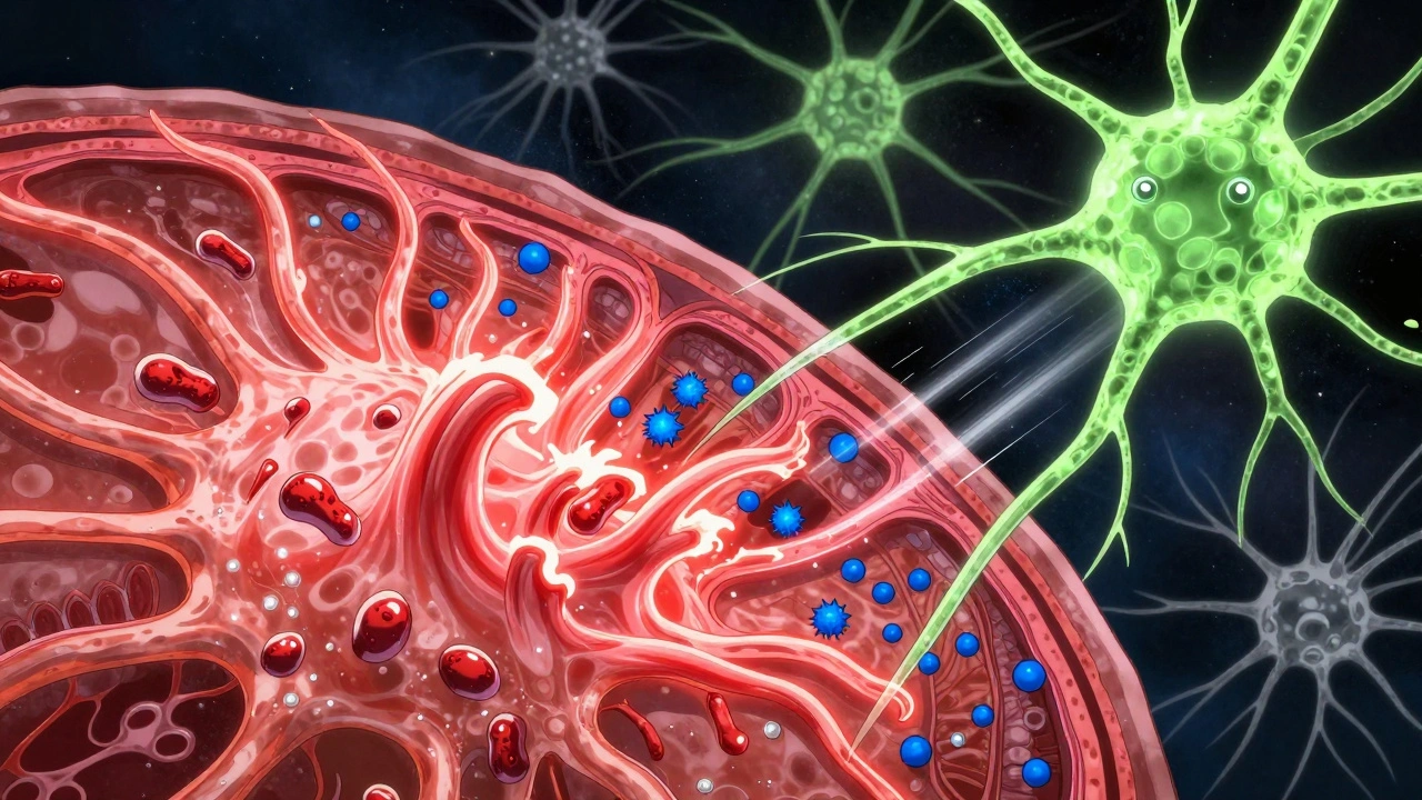 Microscopic view of neurons overwhelmed by glutamate, with riluzole molecules blocking excess signals in a glowing neural storm.