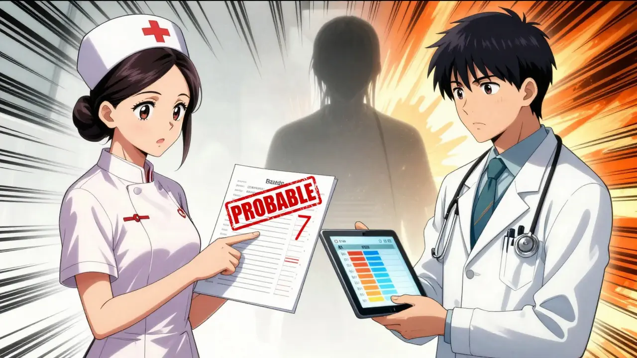 Nurse and doctor debating a drug reaction with a 'PROBABLE' stamp and AI patterns in the background.