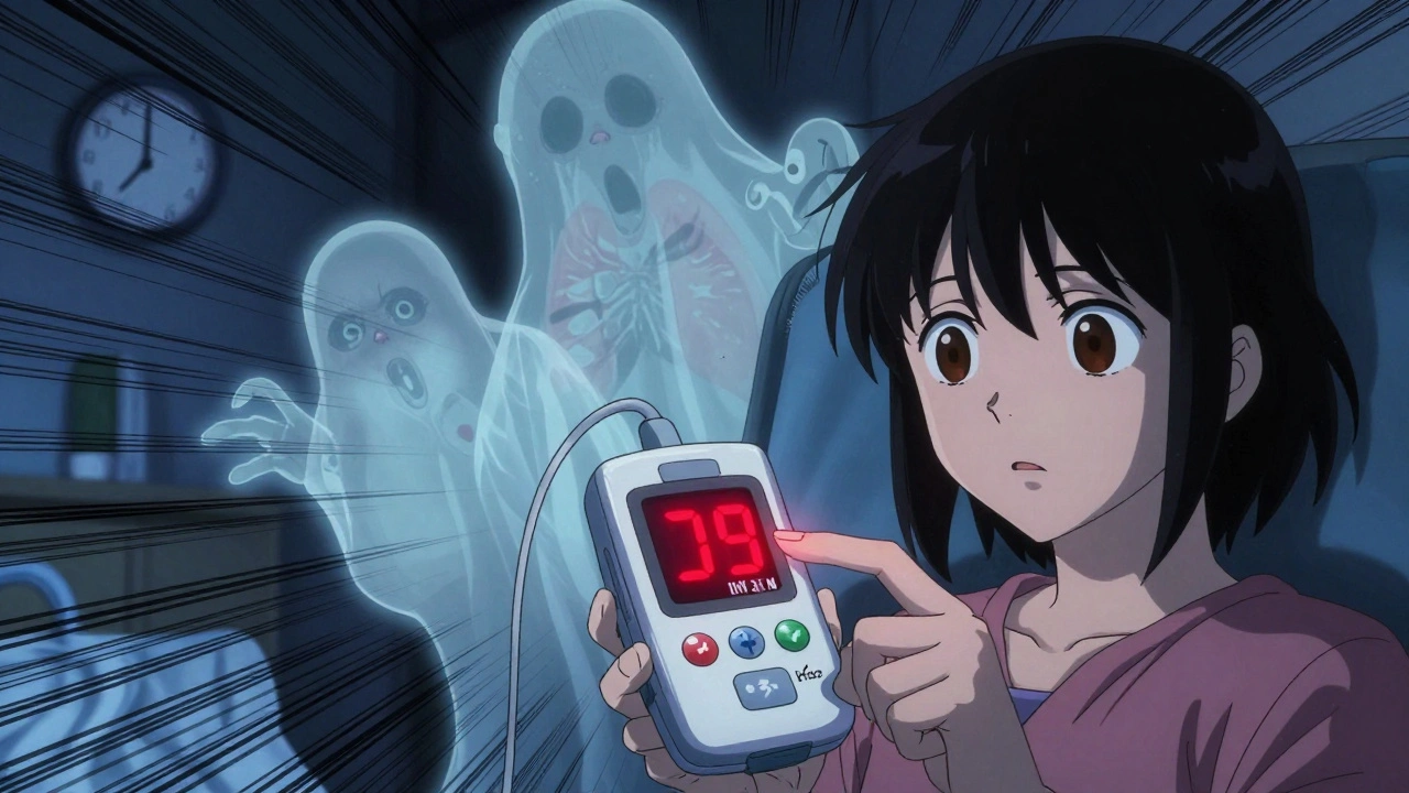 Patient checking INR at night with shadowy antibiotics looming, clock ticking toward danger