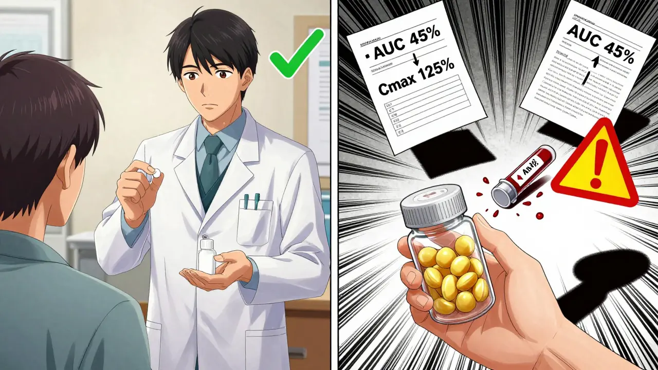 Pharmacist handing two different digoxin pills, one with green checkmark, the other with red warning and tipping blood vial.