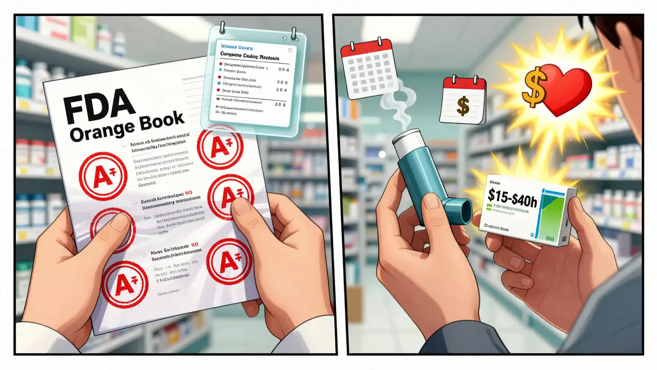 Pharmacist holding FDA Orange Book with glowing A-rated generics, brand-name inhaler transforming into affordable alternative.