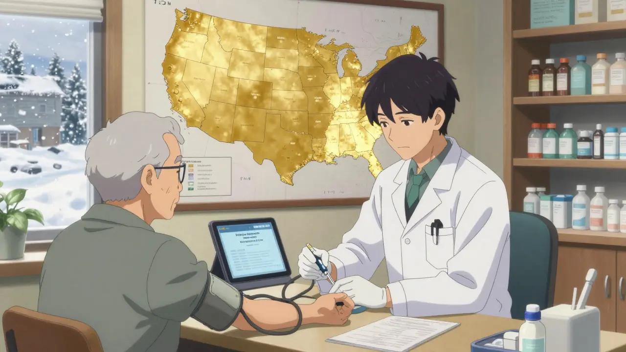 Rural pharmacist giving a flu shot while monitoring blood pressure, with a map of U.S. states highlighting expanded authority.