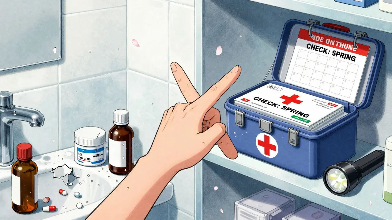 Split scene: chaotic bathroom with expired meds vs. organized emergency kit on dry shelf with check calendar.