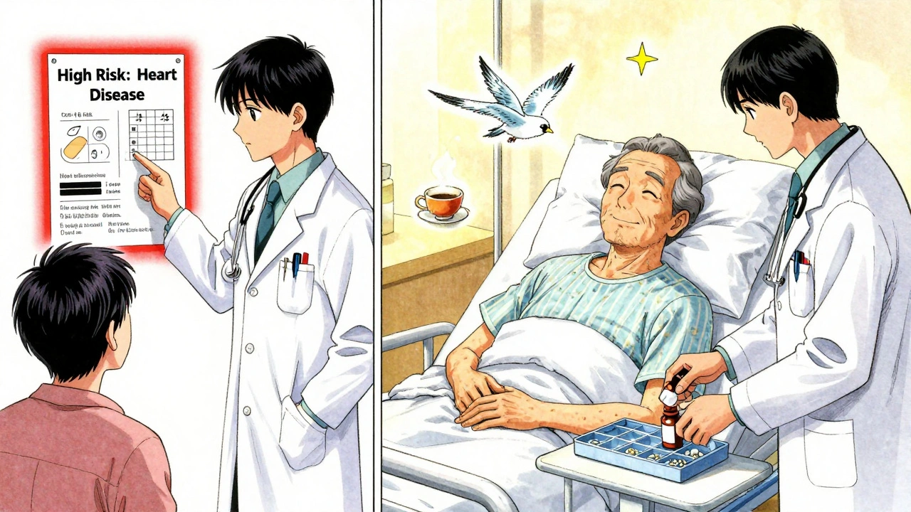 Split scene: doctor warns of heart risk vs. patient peacefully stopping statins in hospice with comfort symbols.