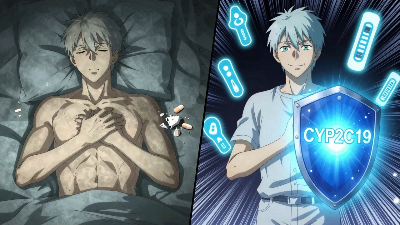 Split scene: one person having a heart attack without effective medication, another protected by activated drug genes.