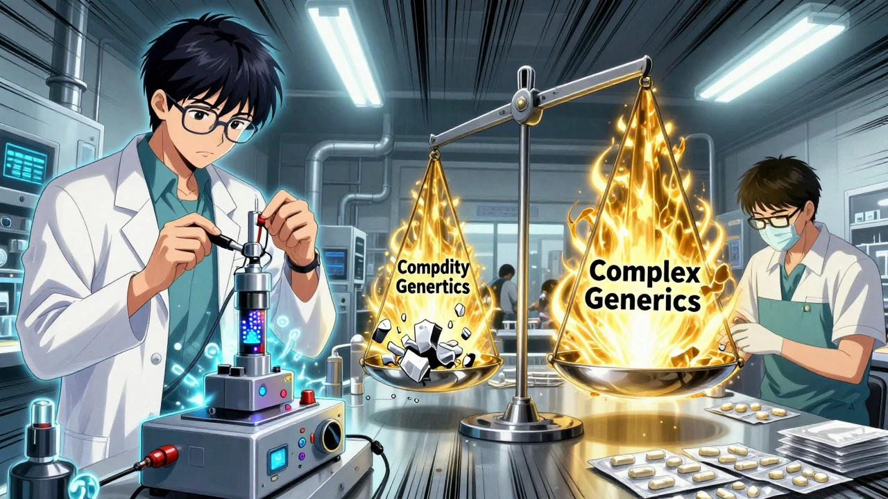 Split scene: scientist assembling a high-tech inhaler vs. worker packaging simple pills, with a tilting scale between them.