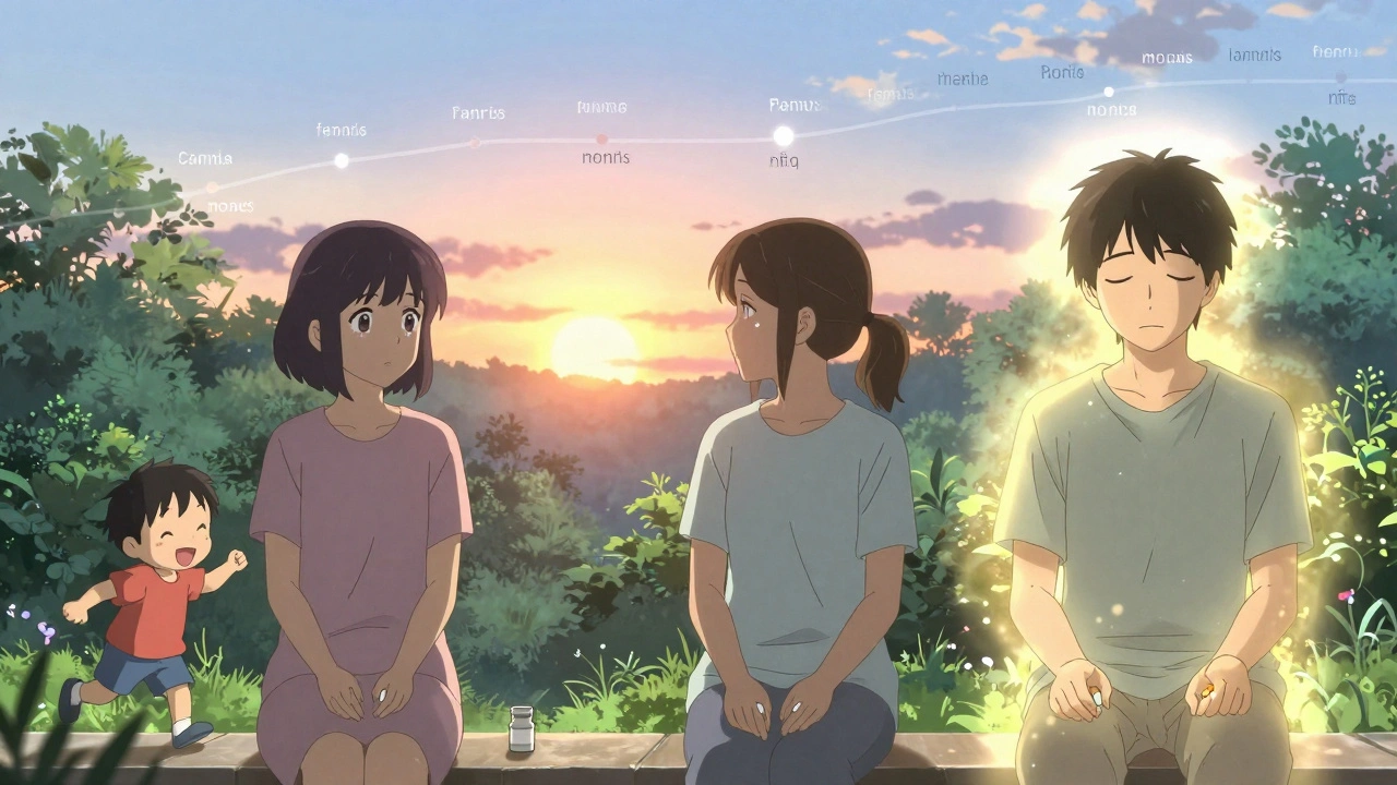 Three ALS patients in a garden, each holding a riluzole pill, golden timelines of extra months stretching behind them at sunset.