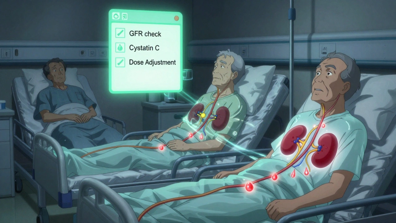 Three elderly patients with glowing toxic drug buildup in their blood due to impaired kidneys, shown in anime manga style.