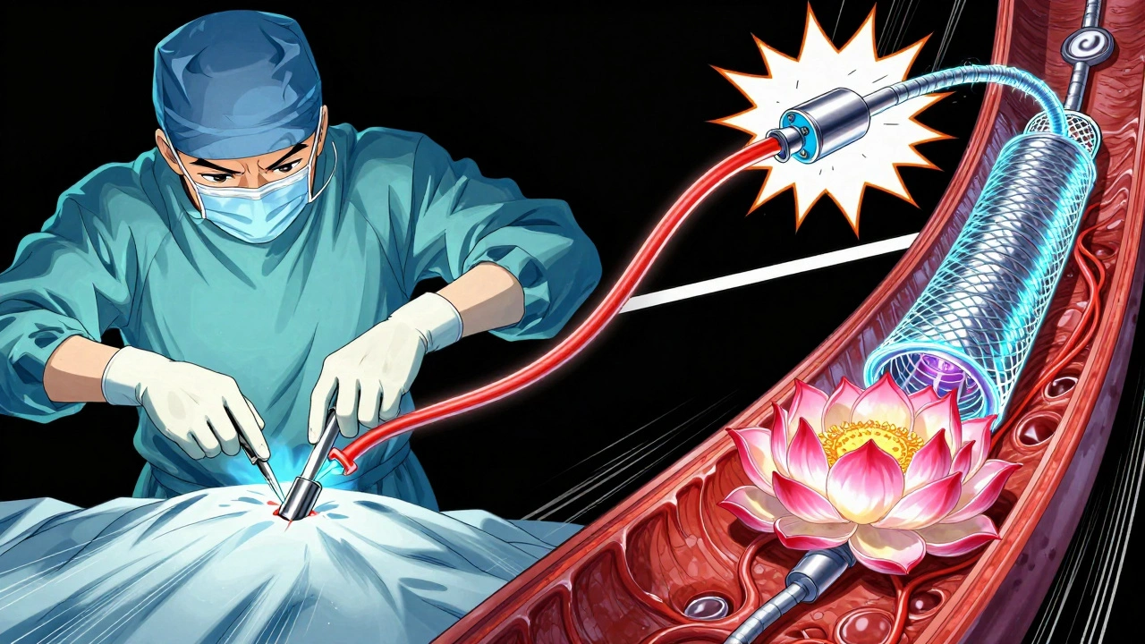 Three medical treatments for aneurysms depicted in one dynamic anime scene: clipping, coiling, and flow diversion.