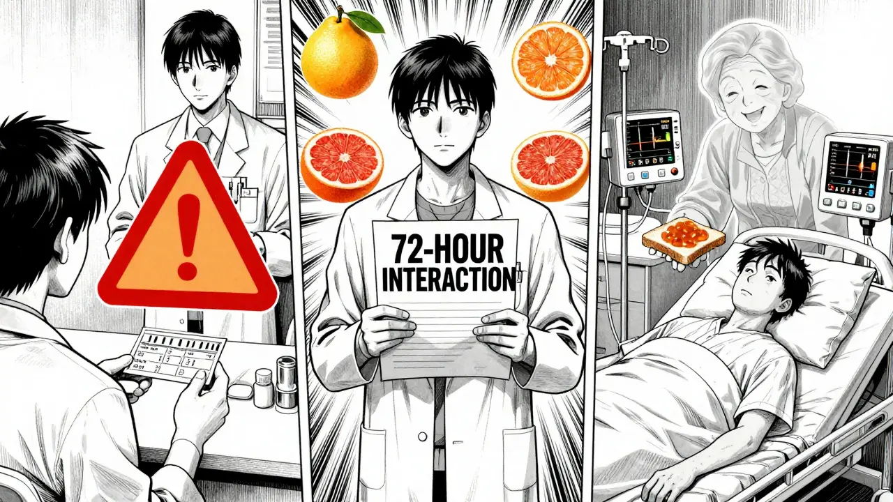 Three-panel medical manga showing pharmacist warning, enzyme damage, and patient collapsing from citrus-drug interaction.