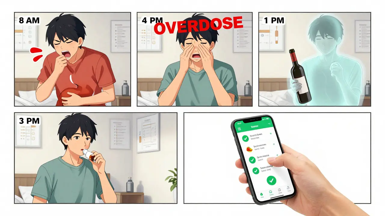 Three people making medication errors contrasted with one person using a smart app that correctly interprets label instructions.