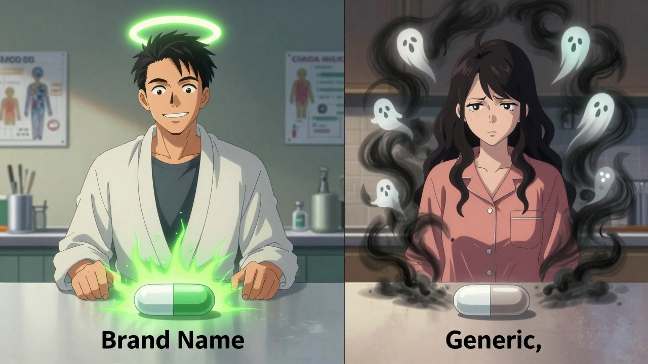 Two people react differently to identical placebo pills labeled as brand-name or generic, with visualized emotional and physical effects.