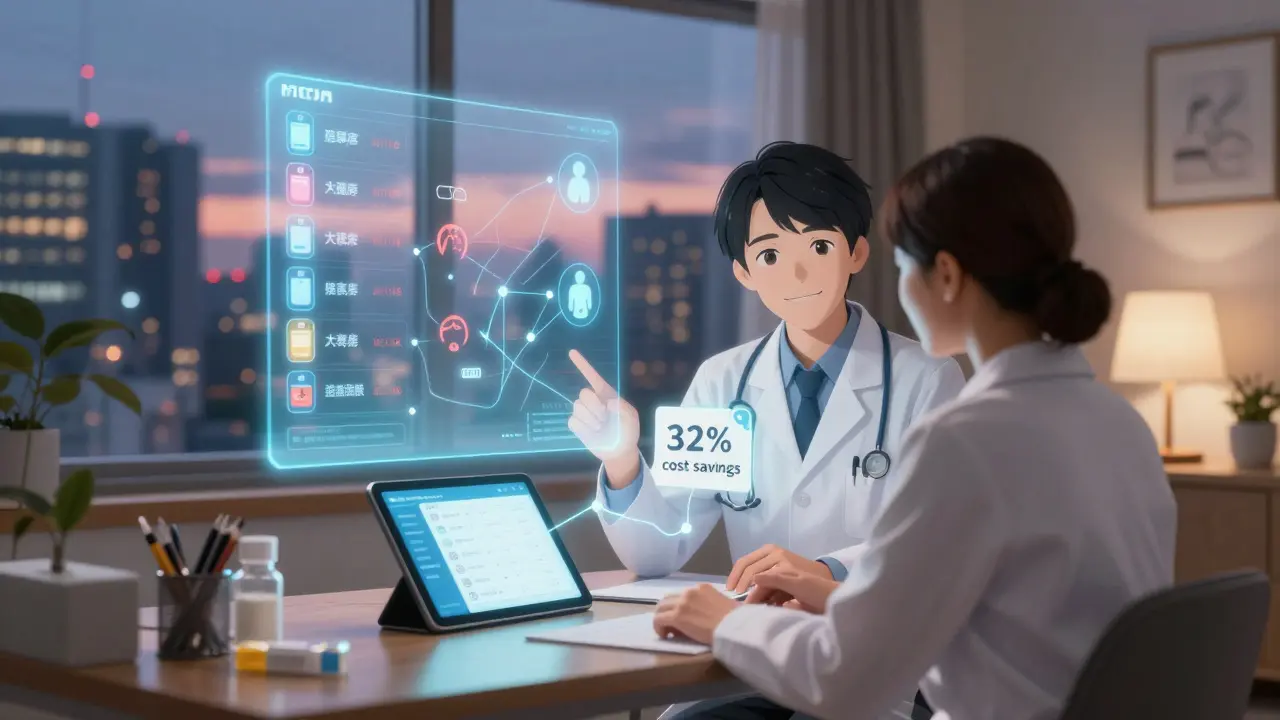 Virtual medication review with floating health data, patient smiling as costs decrease and conditions improve.