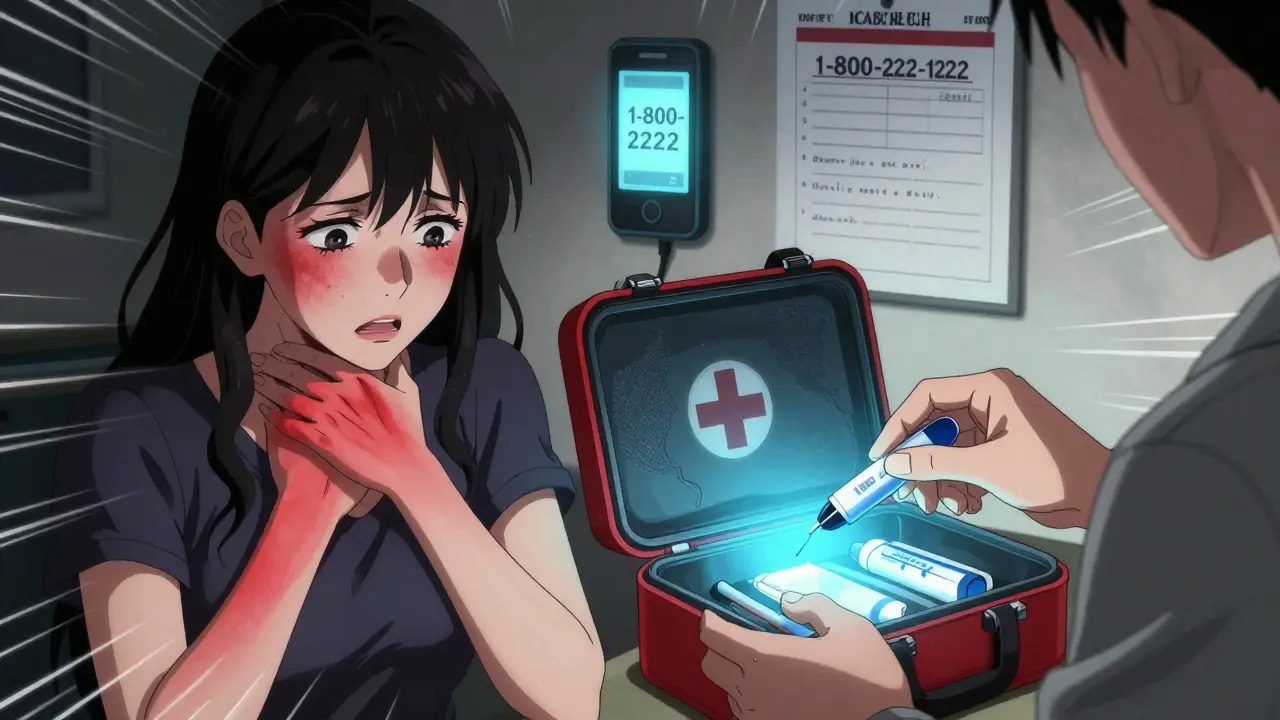 Woman having allergic reaction as partner pulls EpiPen from open emergency kit, phone showing poison control number.