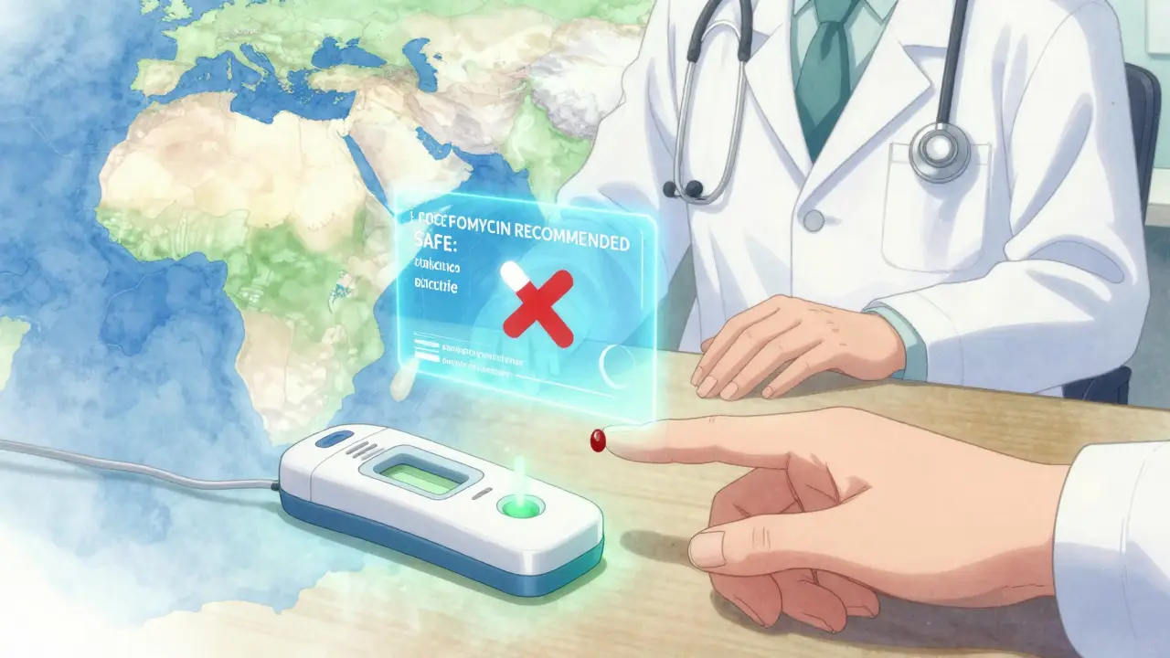 A blood test confirms safety with fosfomycin, while a nitrofurantoin pill is crossed out in hologram.