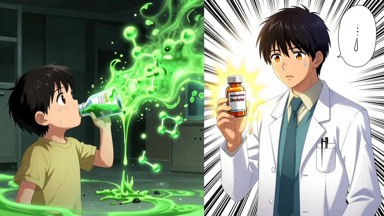 A child drinking degraded liquid antibiotic on one side, a doctor holding a fresh pill on the other, showing contrast in treatment safety.