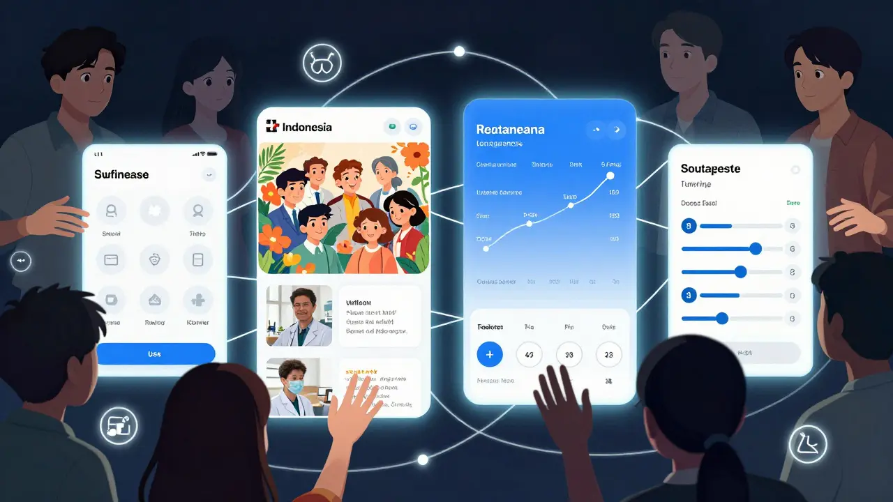 A digital health interface transforms across four cultures, showing localized design elements.