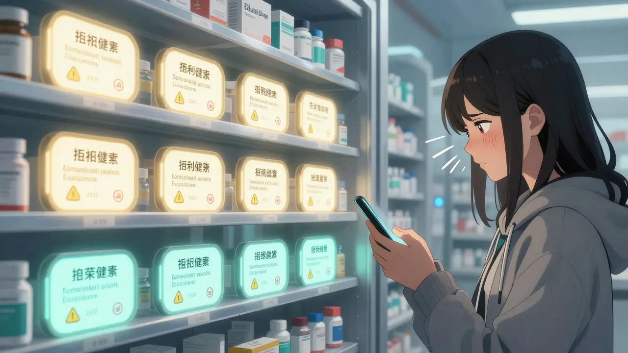 A futuristic pharmacy shelf with glowing drug labels showing FDA equivalence ratings, a woman reflecting on past side effects from generics.