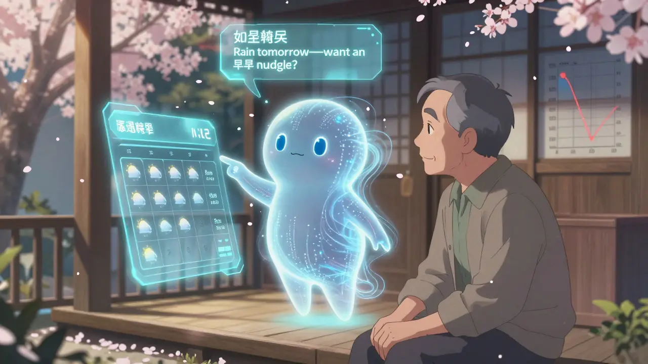 A glowing AI coach guiding an elderly man with a holographic health graph and weather reminder.