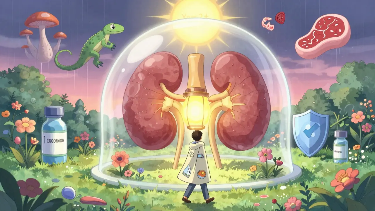 A glowing kidney in a safe garden, protected by vaccines and safety rules under a rising sun.