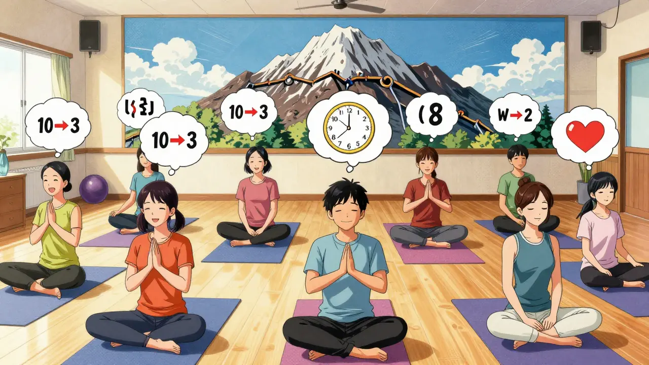 A group of people doing yoga together, with thought bubbles showing pain reduction and progress over time.