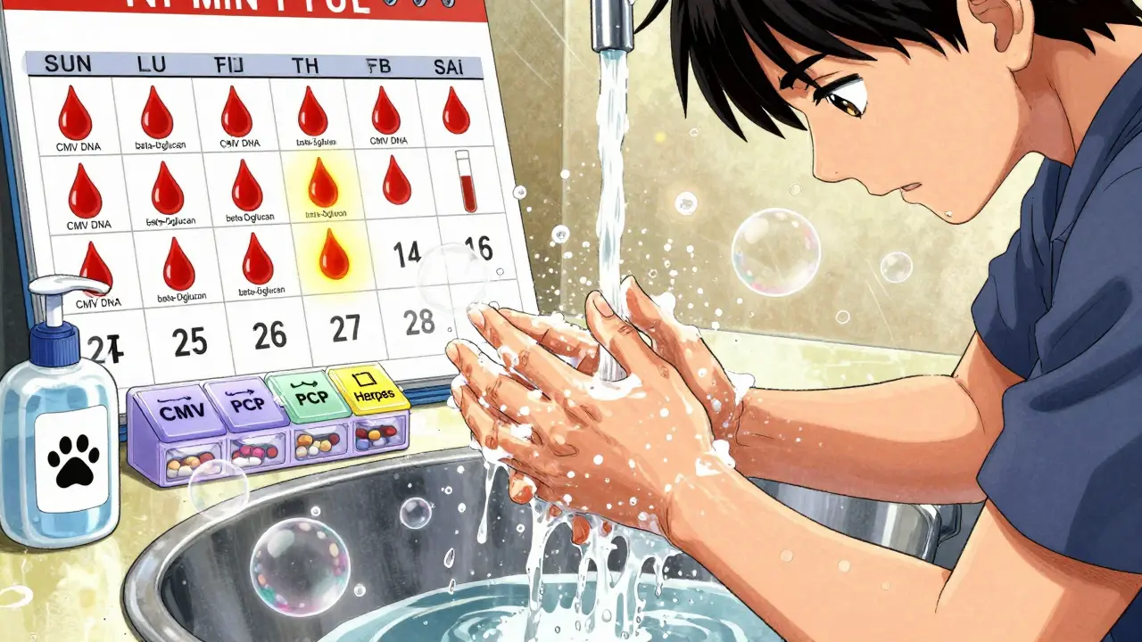 A hand washing with soap bubbles forming protective symbols, medical tests glowing nearby.