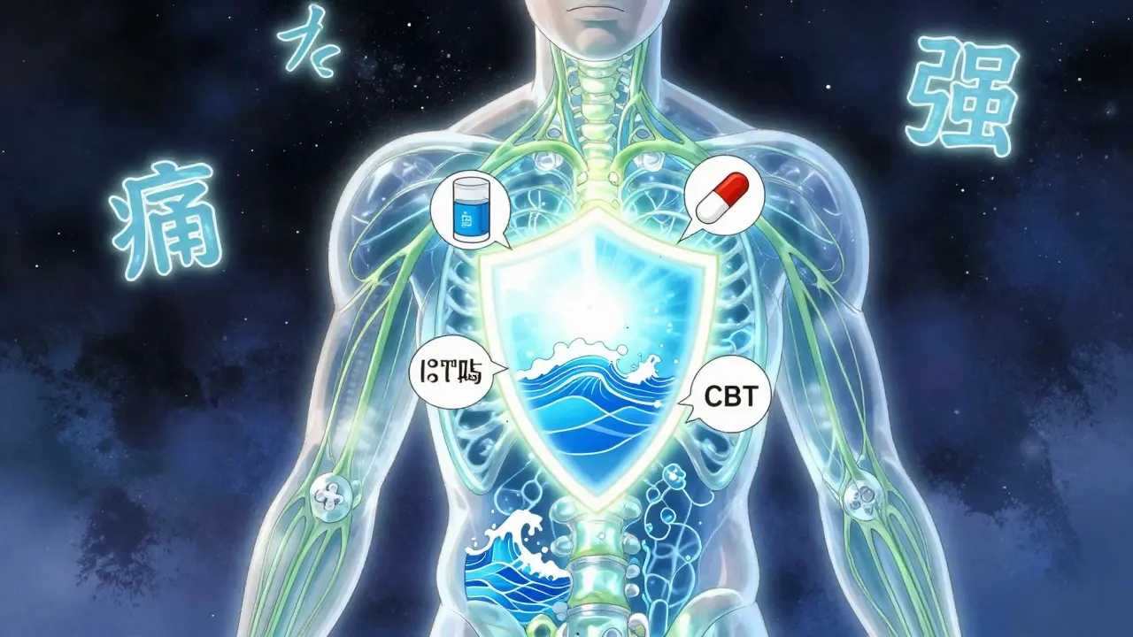 A human figure with glowing neural pathways and medical icons forming a protective shield over the spine.