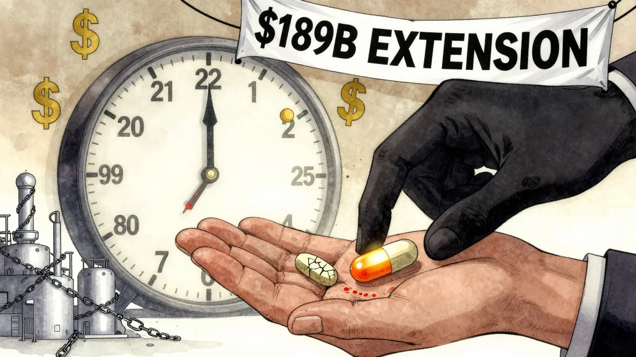 A patient receiving a new branded pill while an old one is taken away, with dollar signs falling around them.