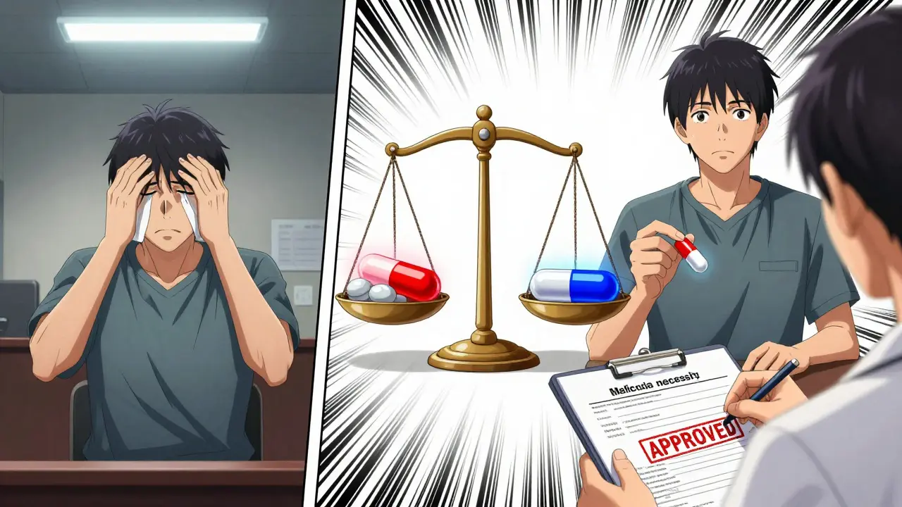 A patient suffering seizures beside a stable version holding brand medication, with a doctor’s approval form on a medical justice scale.