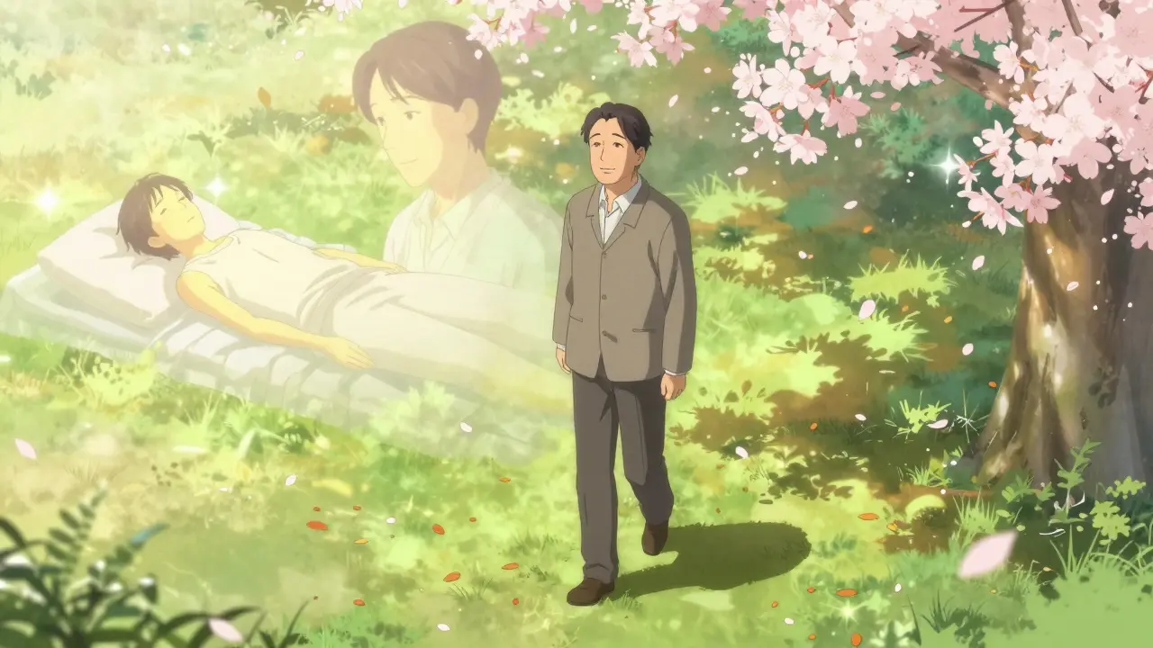 A person walking happily in a park, with ghostly images of their sick past self fading behind them.