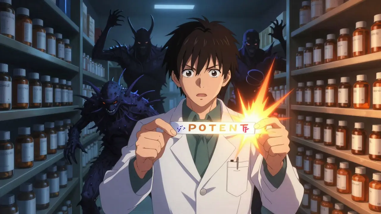 A pharmacist testing antibiotic potency with a glowing strip while shadowy superbugs rise from expired bottles.