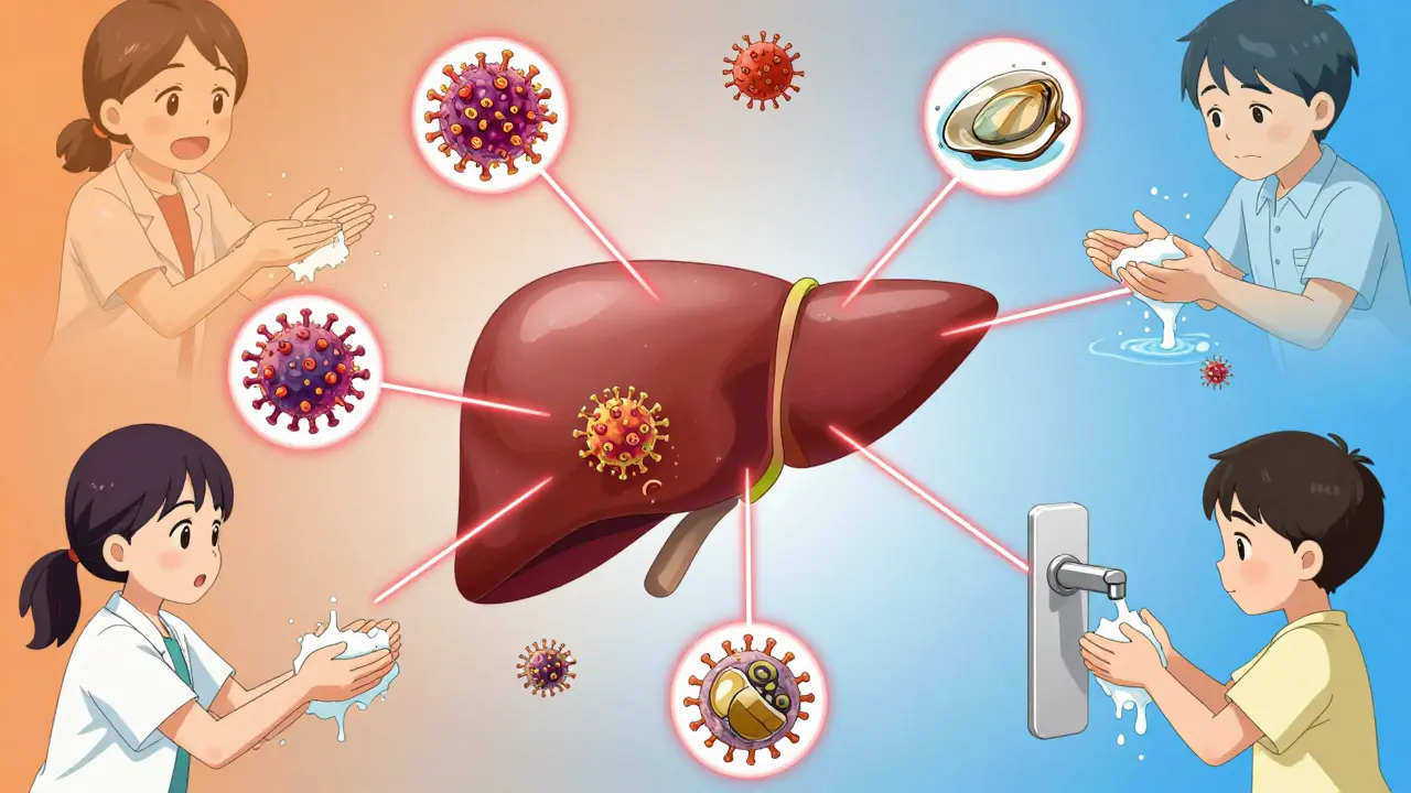 A stylized liver surrounded by viral transmission paths from contaminated food, water, and unwashed hands.