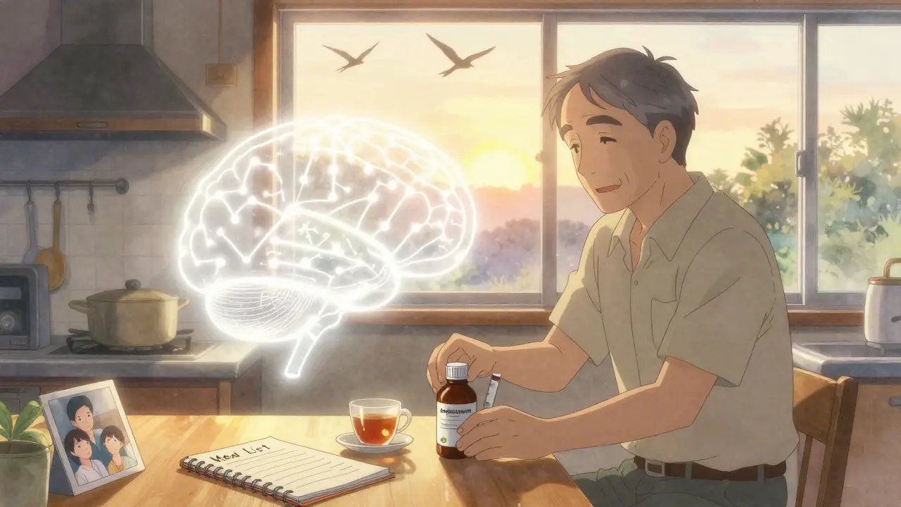 An elderly man replacing a medication bottle at sunrise, a glowing brain clearing fog as family photo sits nearby.