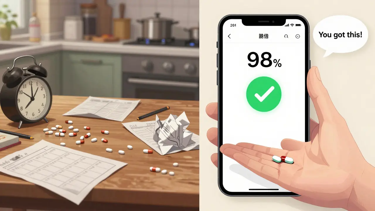 Contrasting messy pill chaos with a clean app interface showing a 98% adherence streak.