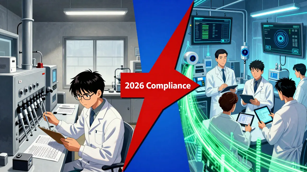 Contrasting old paper-based lab with modern digital GMP facility.