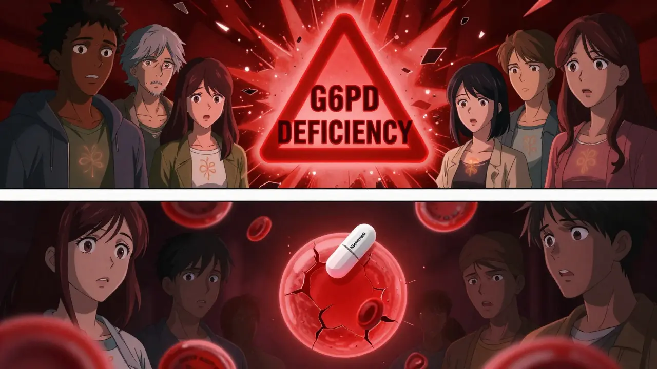 Diverse individuals glow with genetic markers as a nitrofurantoin pill threatens to destroy red blood cells.