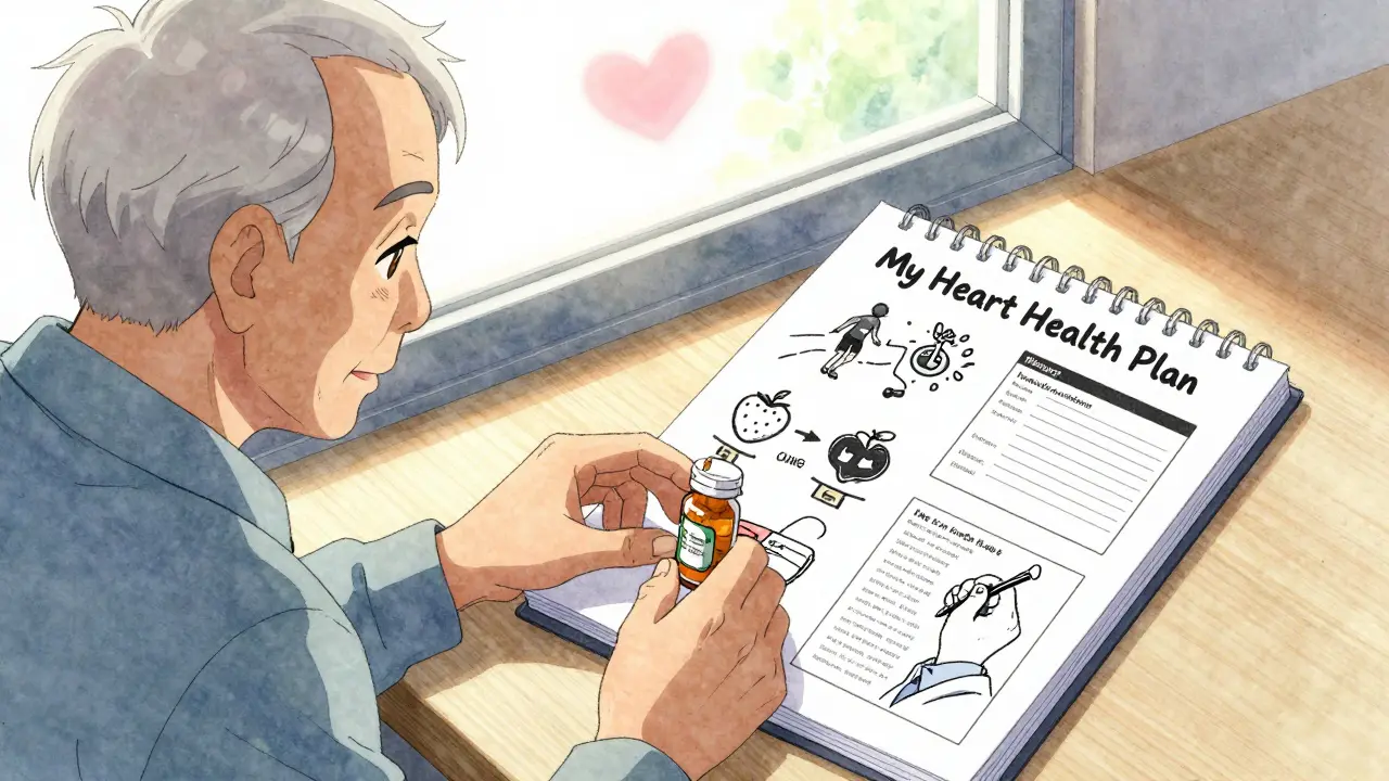 Elderly man placing aspirin aside as he embraces heart-healthy habits, soft manga lighting.