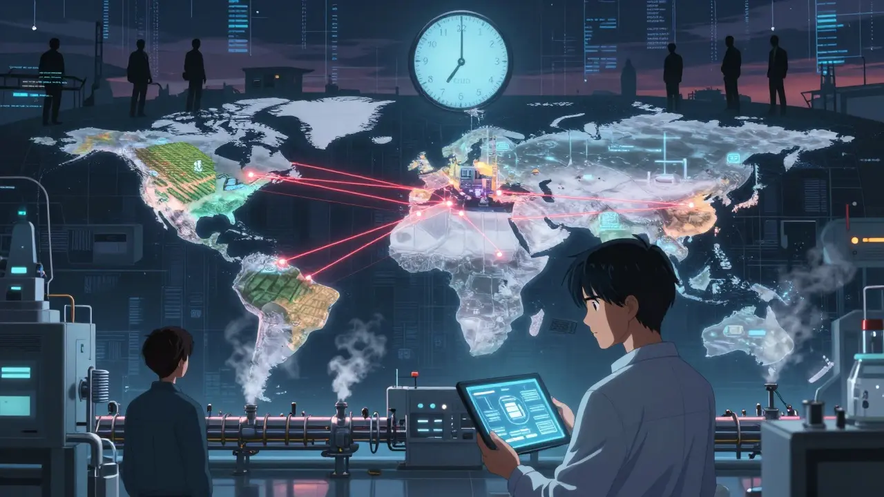 Global supply chain map glowing above a pharmaceutical plant with inspectors watching.