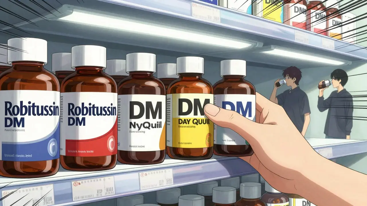 Hand grabbing multiple DXM-containing cough syrups from a pharmacy shelf with 'DM' labels visible.