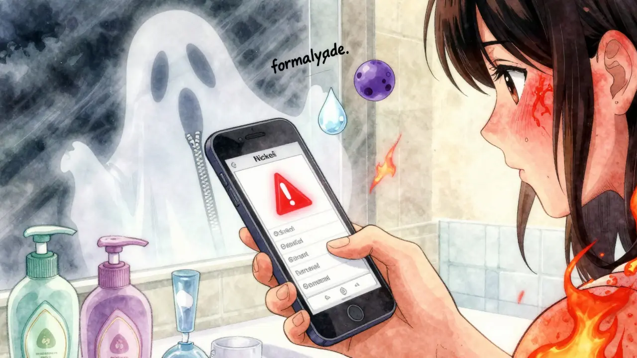 Hand scanning a shampoo bottle with glowing warning symbols above allergens, skin rash transforming into clear skin in background.