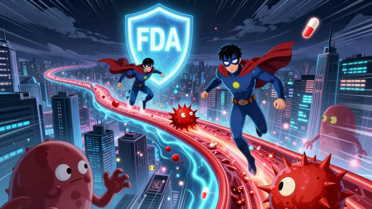 Molecular superheroes in a glowing bloodstream defeating interaction monsters under an FDA shield.