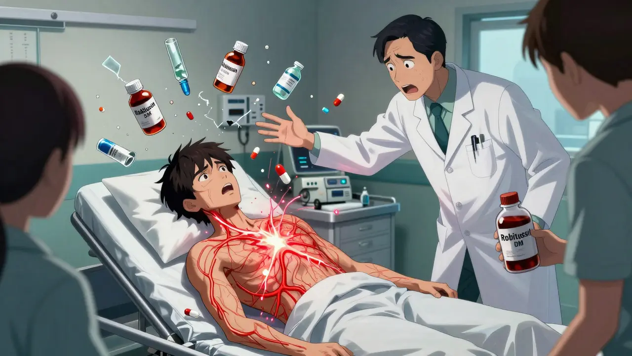 Patient convulsing in ER as glowing serotonin pathways explode, doctor and parent reacting in horror.