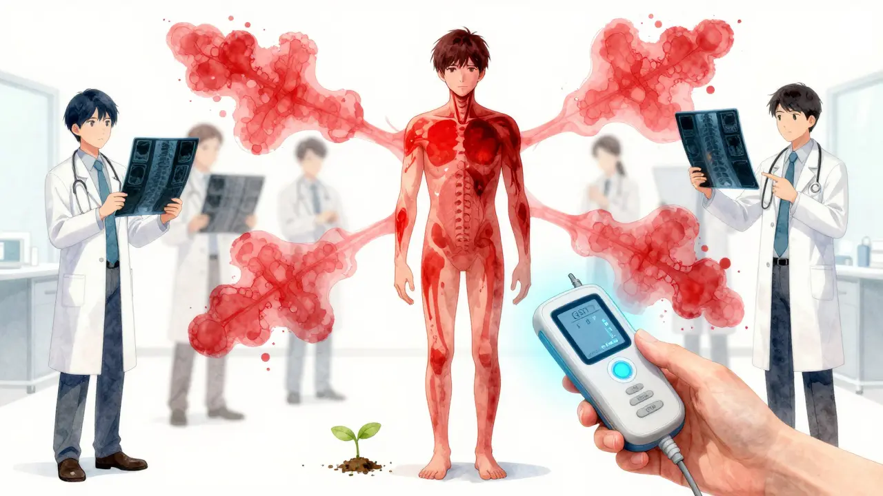 Patient covered in red pain maps while doctors hold empty X-rays, with a healing blue pulse nearby.