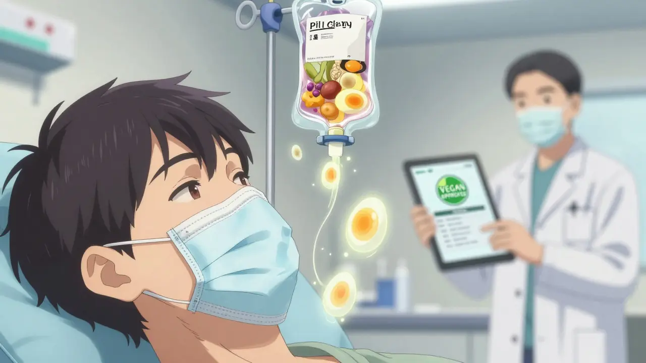 Patient receiving IV anesthetic with ethereal egg spirits rising, pharmacist checking vegan medication app.
